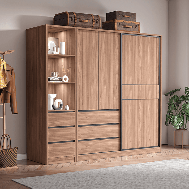 Modern Simple Style Sand Manufactured Wood Self-supporting Wardrobe with Soft Close Drawer, Interior Shelves & Soft Close Door