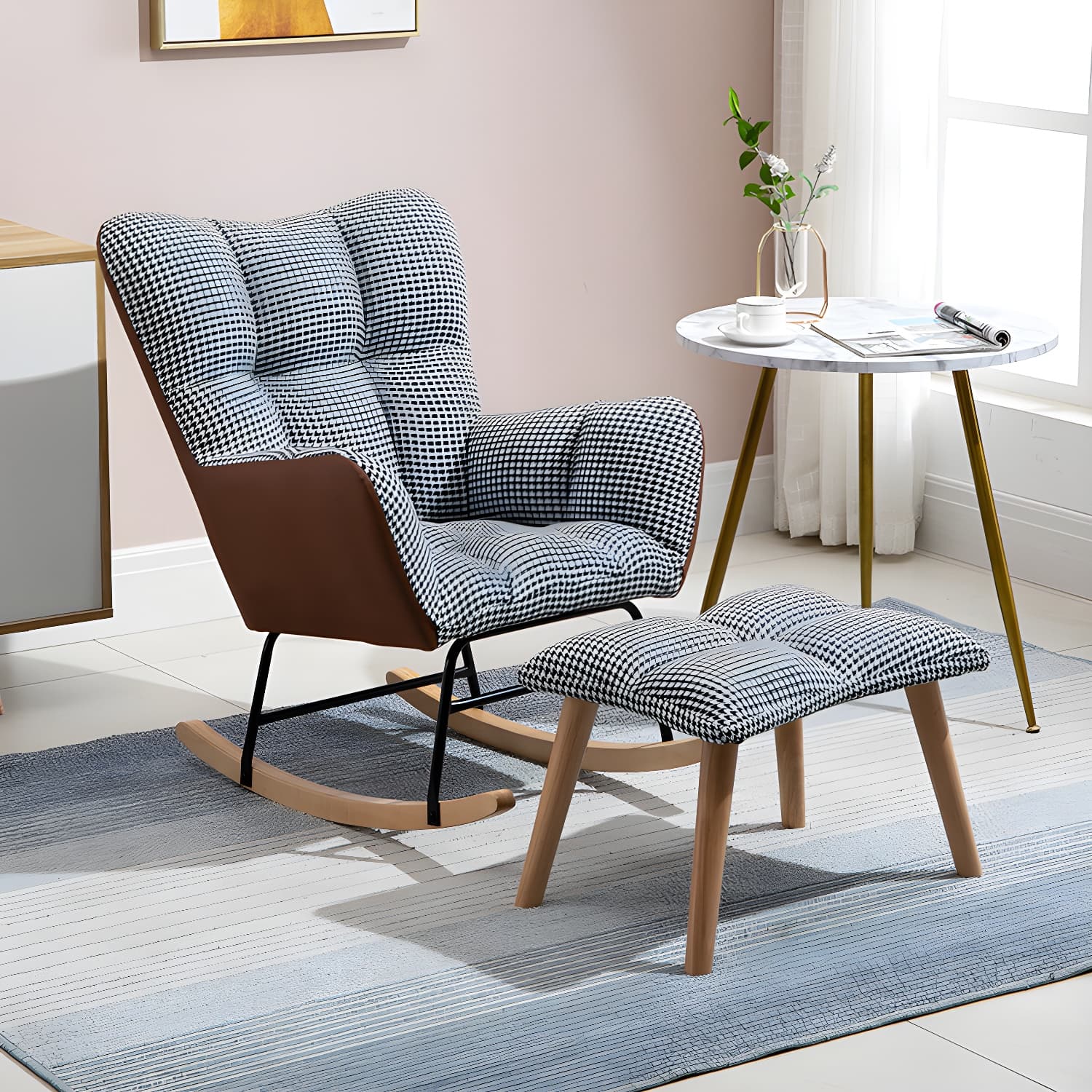 Fabric Rocking Chair Color Panel Contemporary Tufted Cushions Rocker Chair with Ottoman - image 5