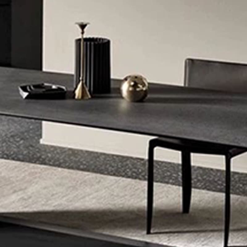 Modern Rectangle Stone Top Dining Table with Sleek Black Steel Trestle Base - image 12
