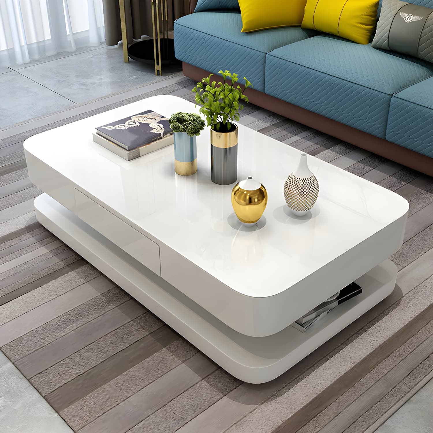 White Modern Coffee Table with Rectangular Wood Top & Block Base