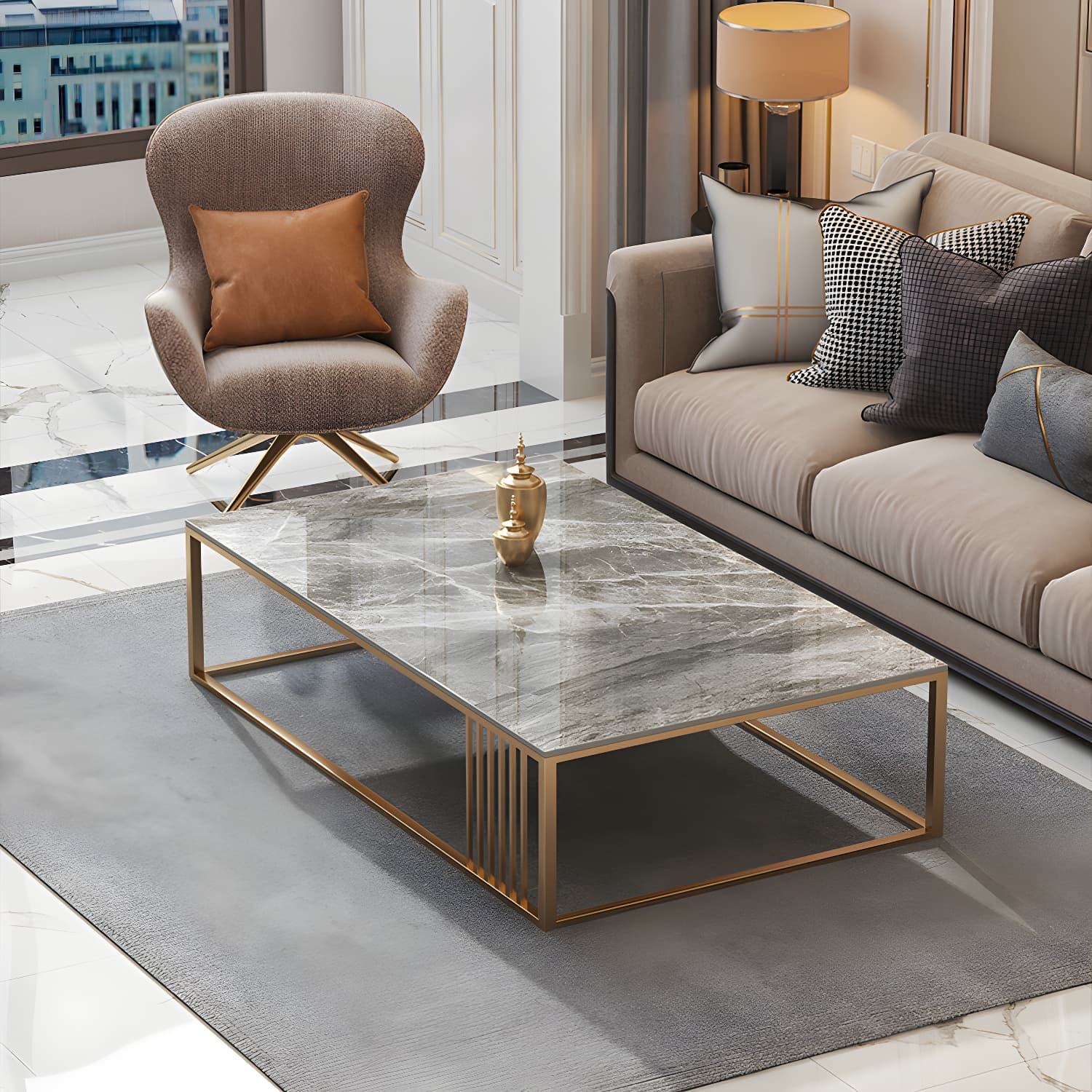 Glam Style Gold Iron Frame Coffee Table Gray Slate Table Top Coffee - image 3