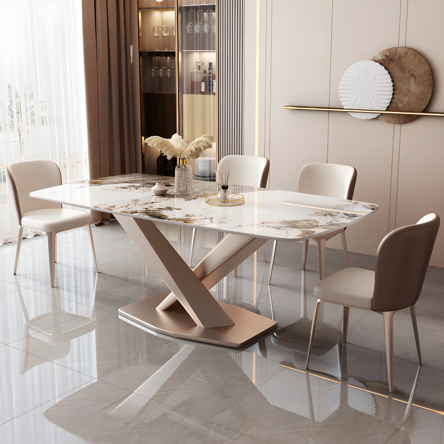 Modern Sintered Stone Top Dining Set Rectangle 1/2/5/7 Pieces Dinette Table Set in Gold