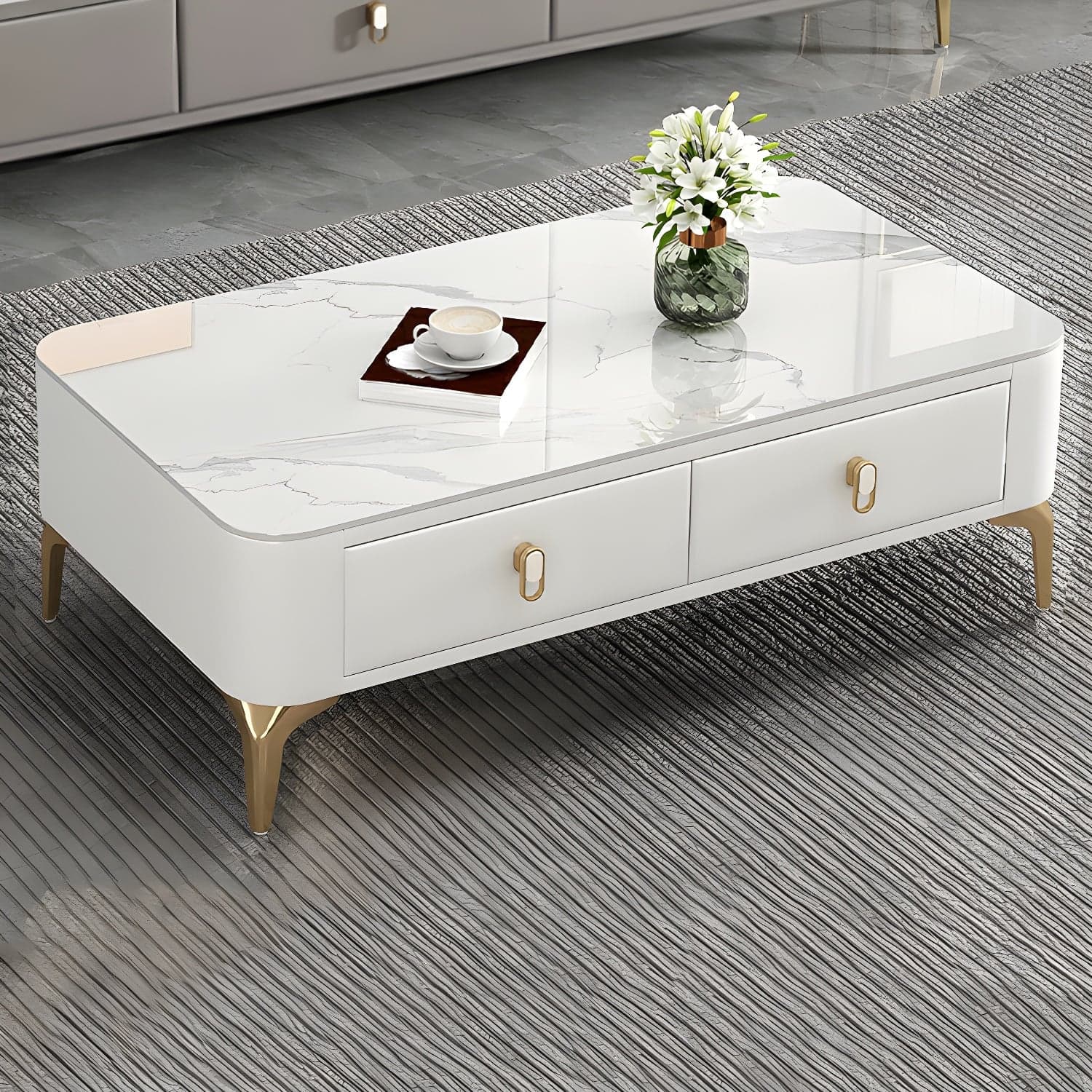 Modern Gold Metal Coffee Table with Stone Top and Built-In Storage Drawers - image 3