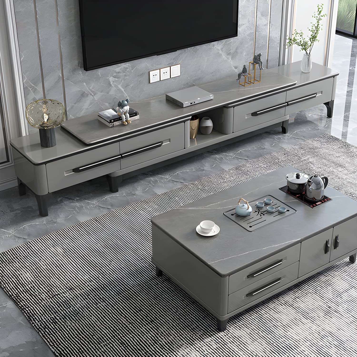 Modern Stone TV Stand with Long Length, Open Storage and Drawers featuring Wood Shelves - image 6