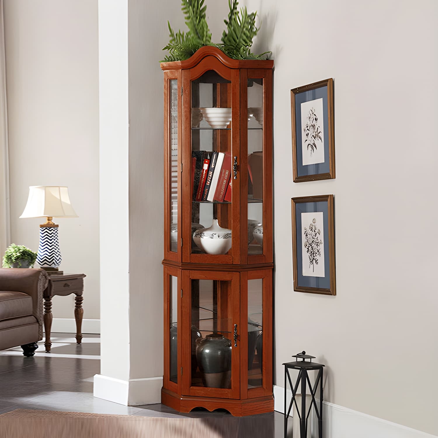 Rubberwood & Glass Triangle Corner Cabinet in Brown with Storage Shelves - image 11