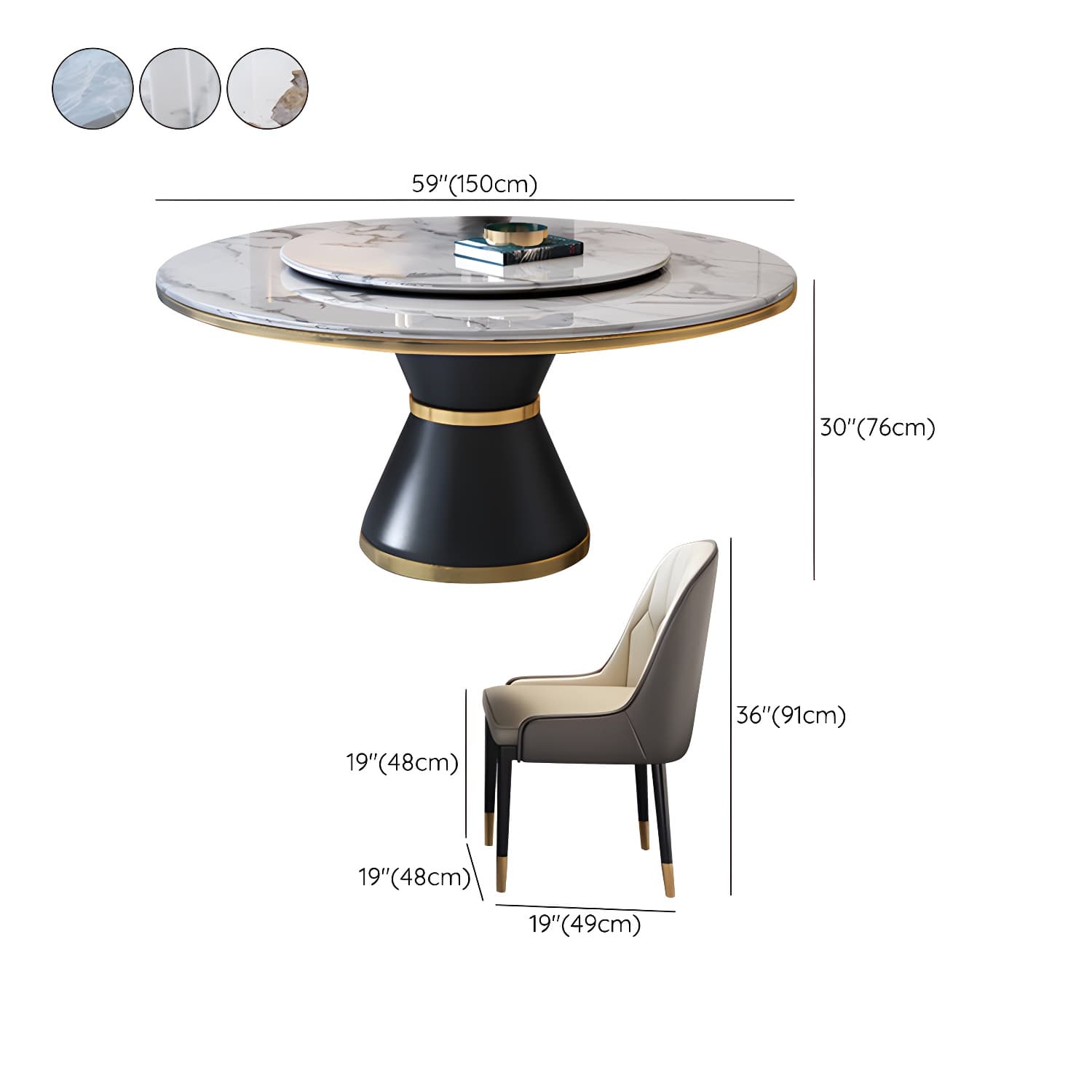 Glam Round Stone Dining Set in White - Fixed Table with Black Metal Pedestal Base - image 17