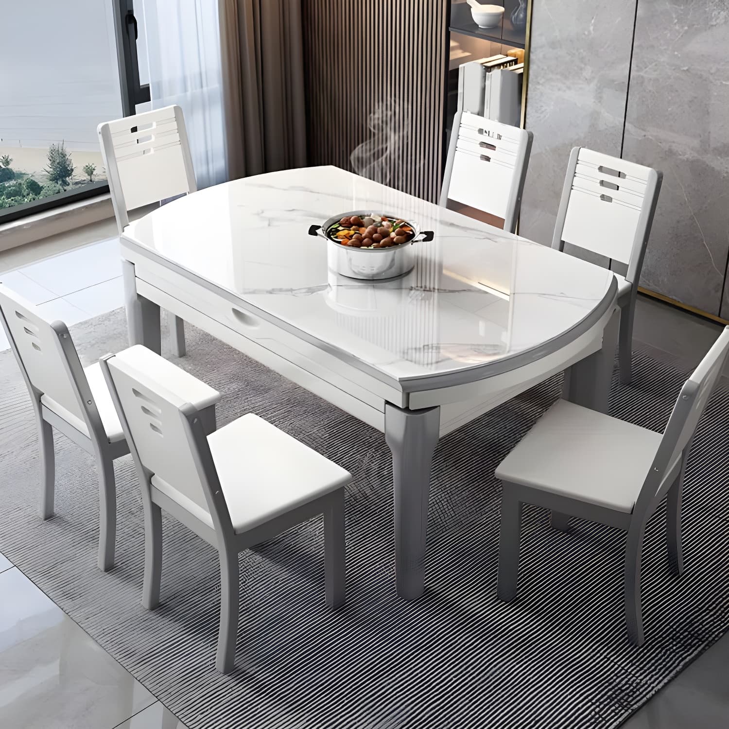Modern Style Stone Furniture 7 Pcs Round Shape Dinette Table with Dining Chairs