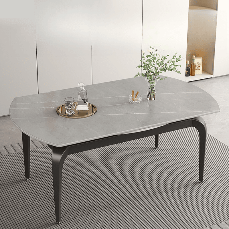 Minimalist Rounded Slate Stone Dining Table Set with 4 Legs and Padded Chair Back, Available in 9-piece/7 Piece Set/5-piece