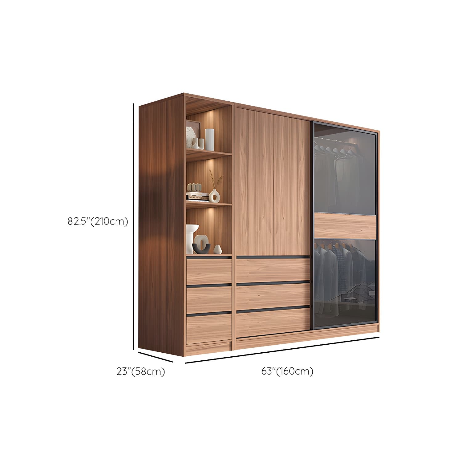 Glass and Wood Wardrobe Cabinet Brown Wardrobe Armoire with Garment Rod - image 21
