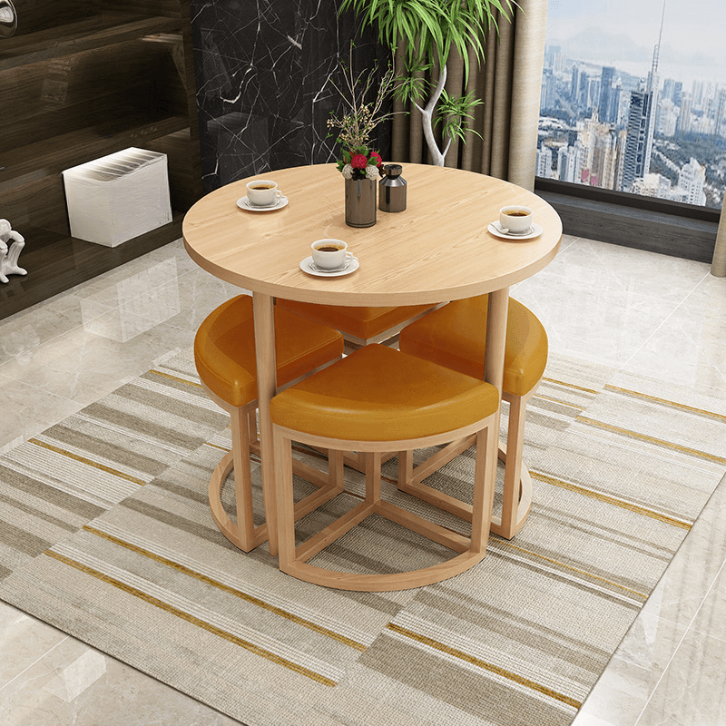 Reclaimed Wood Round Dining Table Set with Metal Toboggan Base and Upholstered Backless Chairs for 4 People - image 35