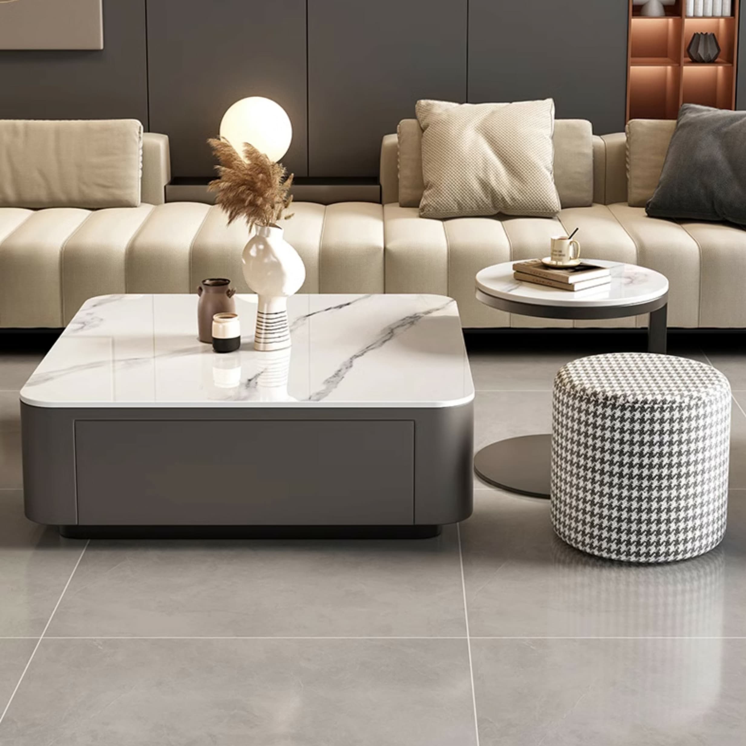 Modern Square Stone Coffee Table Set with Black Metal Block Base and Storage Drawers - image 15