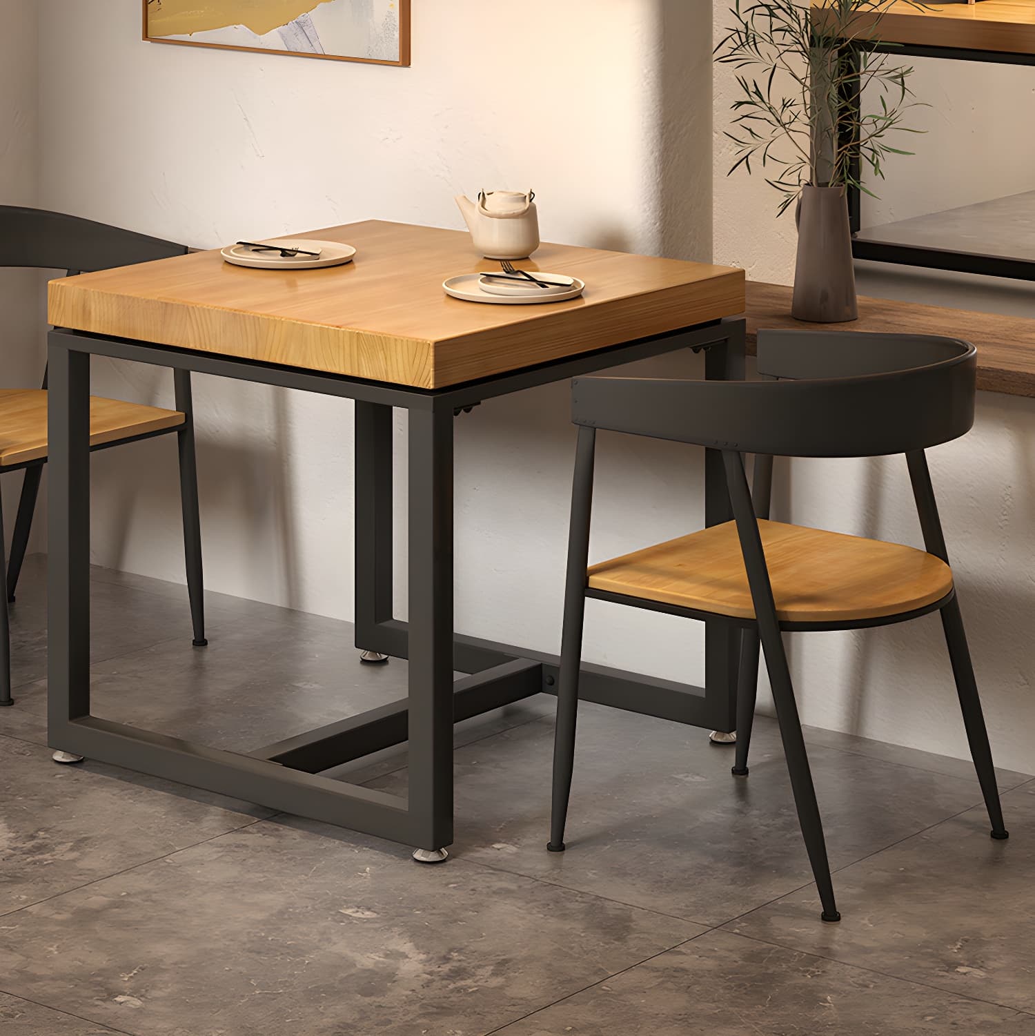 Solid Wood Top Dining Table Industrial Square Black Iron Trestle Base Table