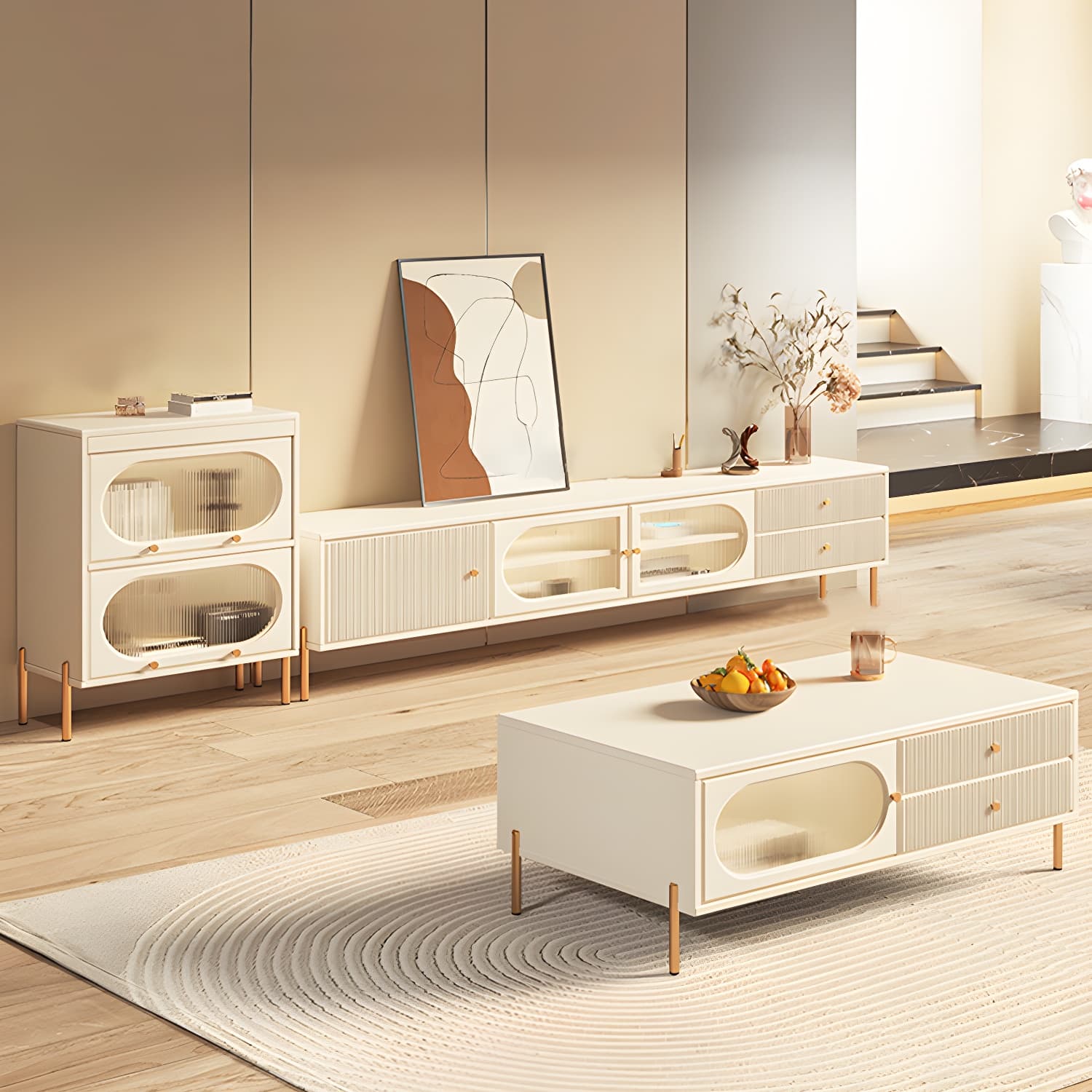 White Cable Management TV Console Modern Engineered Wood Media Console
