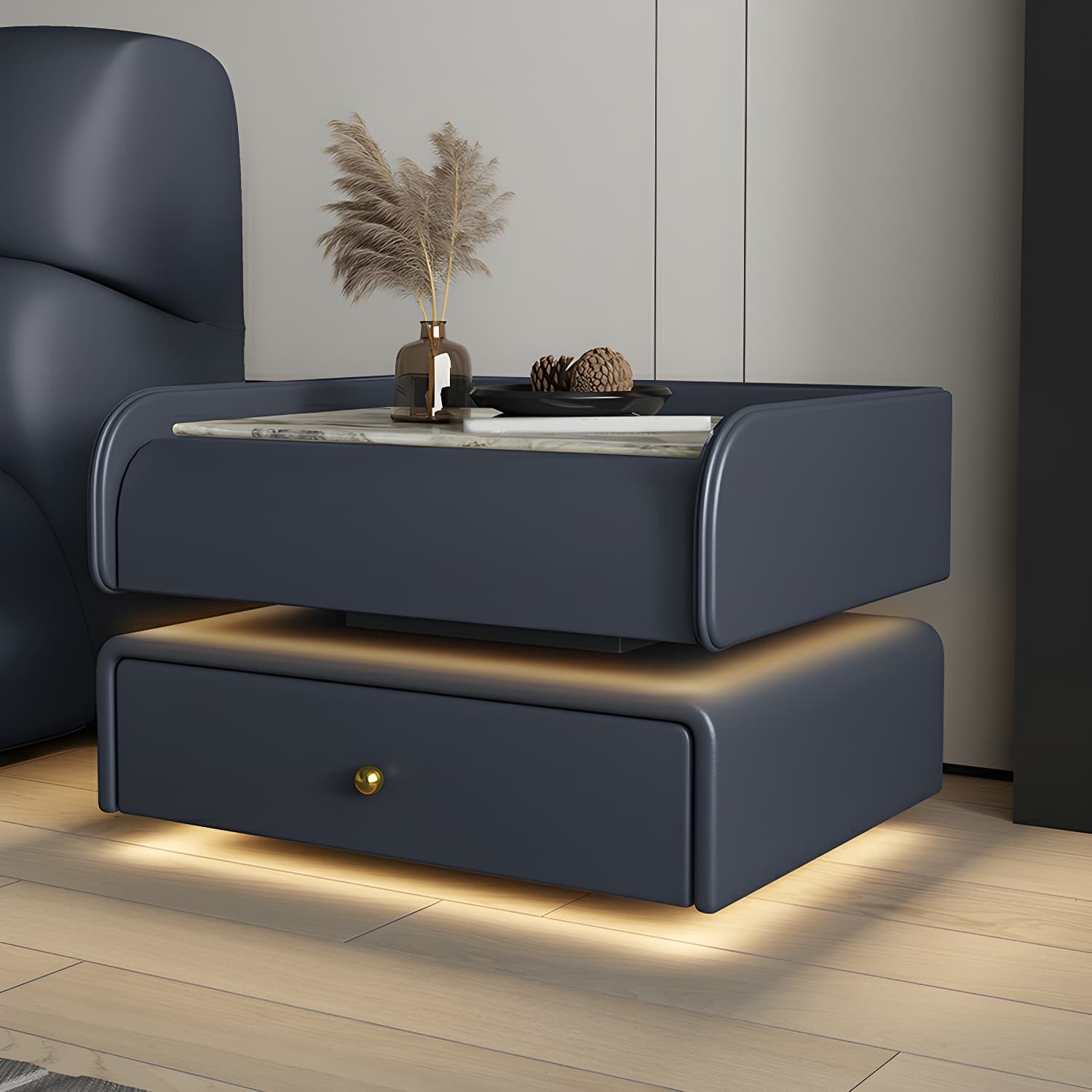 Modernism Bedside Cabinet Made from Leather and Wood for Bedroom