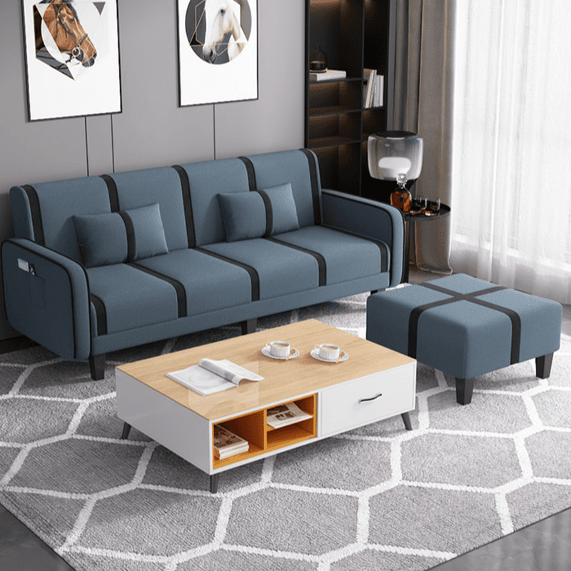 Striped Convertible Sofa in Pu Leather/Flannel with Cerulean/Light Brown/Off-White Upholstery and Armrest - image 16