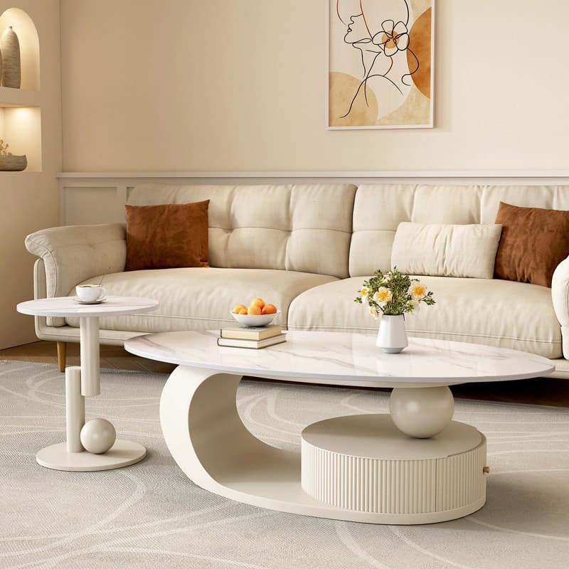 Oval White Stone Modern Coffee Table with Metal Abstract Base - image 5