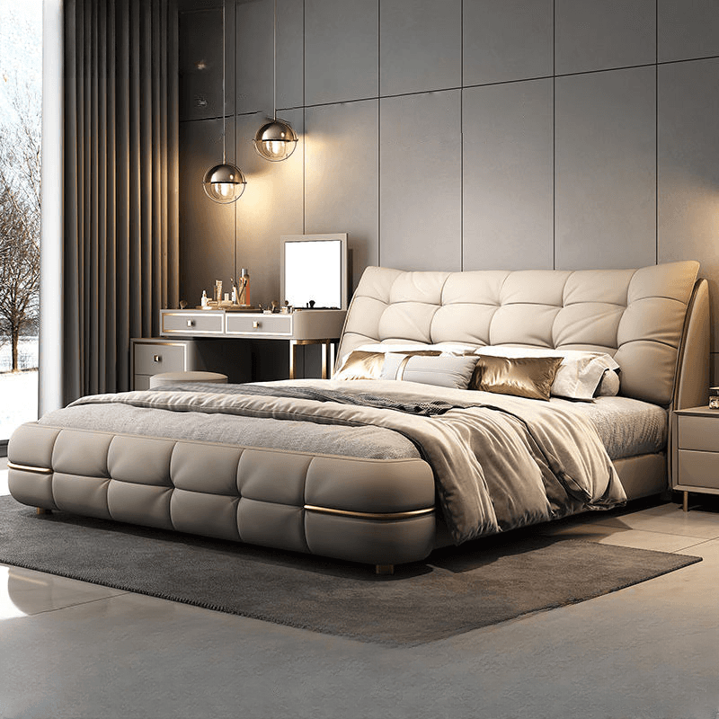 Beige Solid Color Storage Bed/Platform Bed with Pine Wood Frame for Living Room