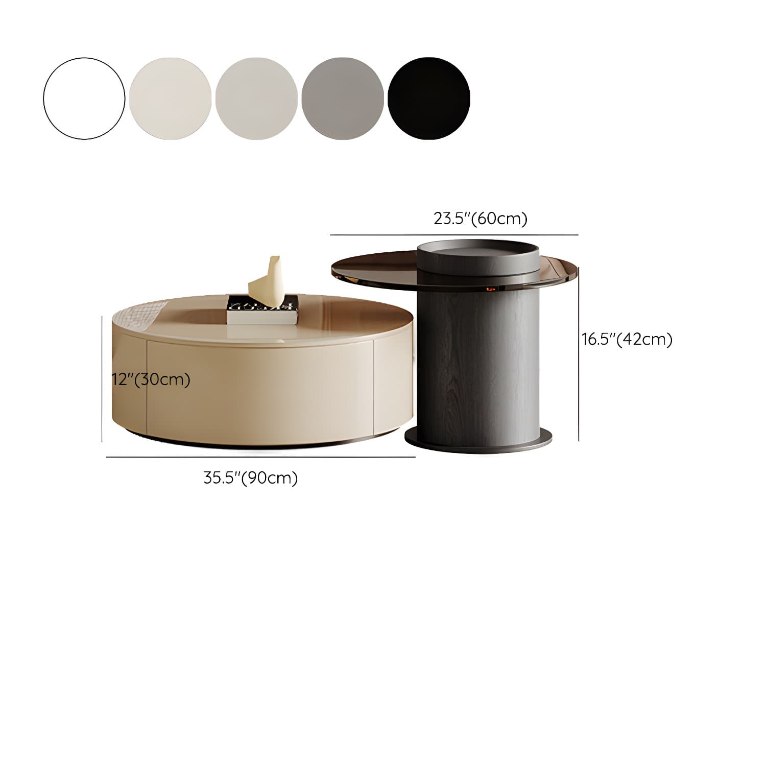 Modern Round Coffee Table with Metal Drum Base and 2 Drawers - image 15