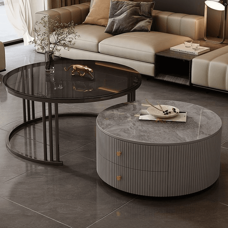 Double Nesting Round Coffee Table with Frame Base and 2 Drawers