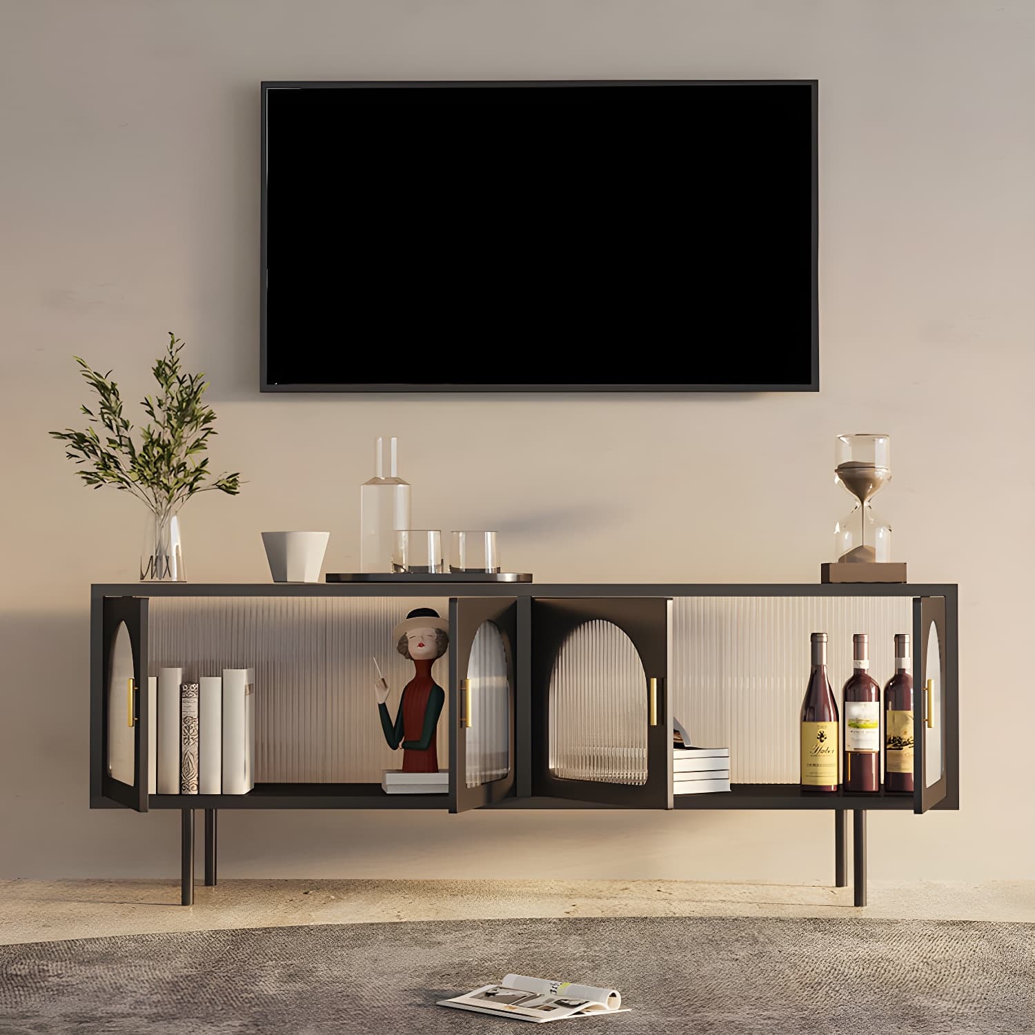Industrial 4 Doors TV Media Stand Metal and Glass TV Console - image 4
