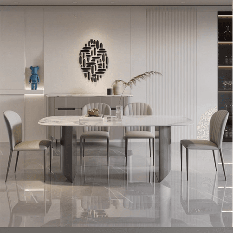 Dining Table Set with Slate Stone Top, Two-sided Pedestal Base, Fixed Table, Padded Chair with Back, in White