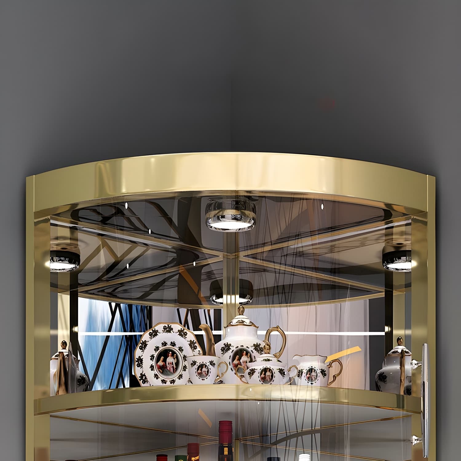 Corner Modern Accent Cabinet with Wood Counter Top, Glass Doors, and Metal Base - image 12
