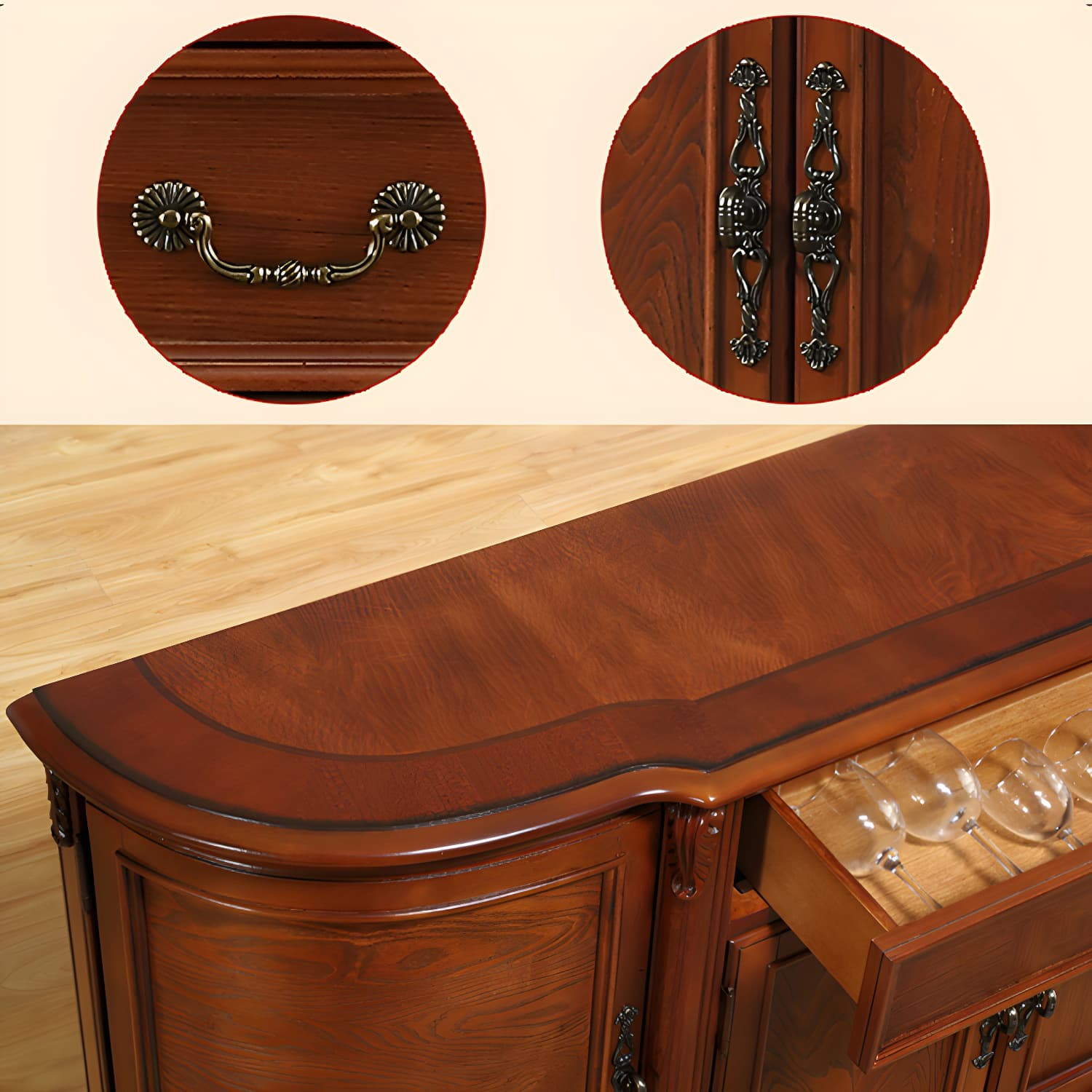 Traditional Style Wood Sideboard Credenza with 4 Cabinets and Drawers and 3 Interior Shelves - image 6