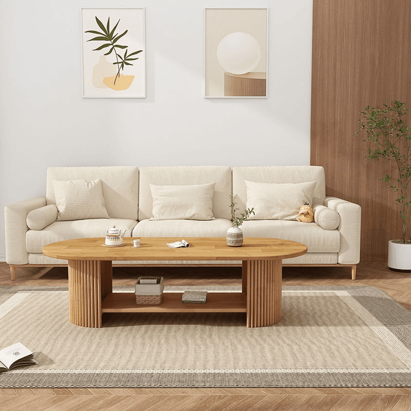 Elegant 2 Tiers Oval Natural Wood Board Game Coffee Table with Twin Support and Repository Storage, 1 Shelf