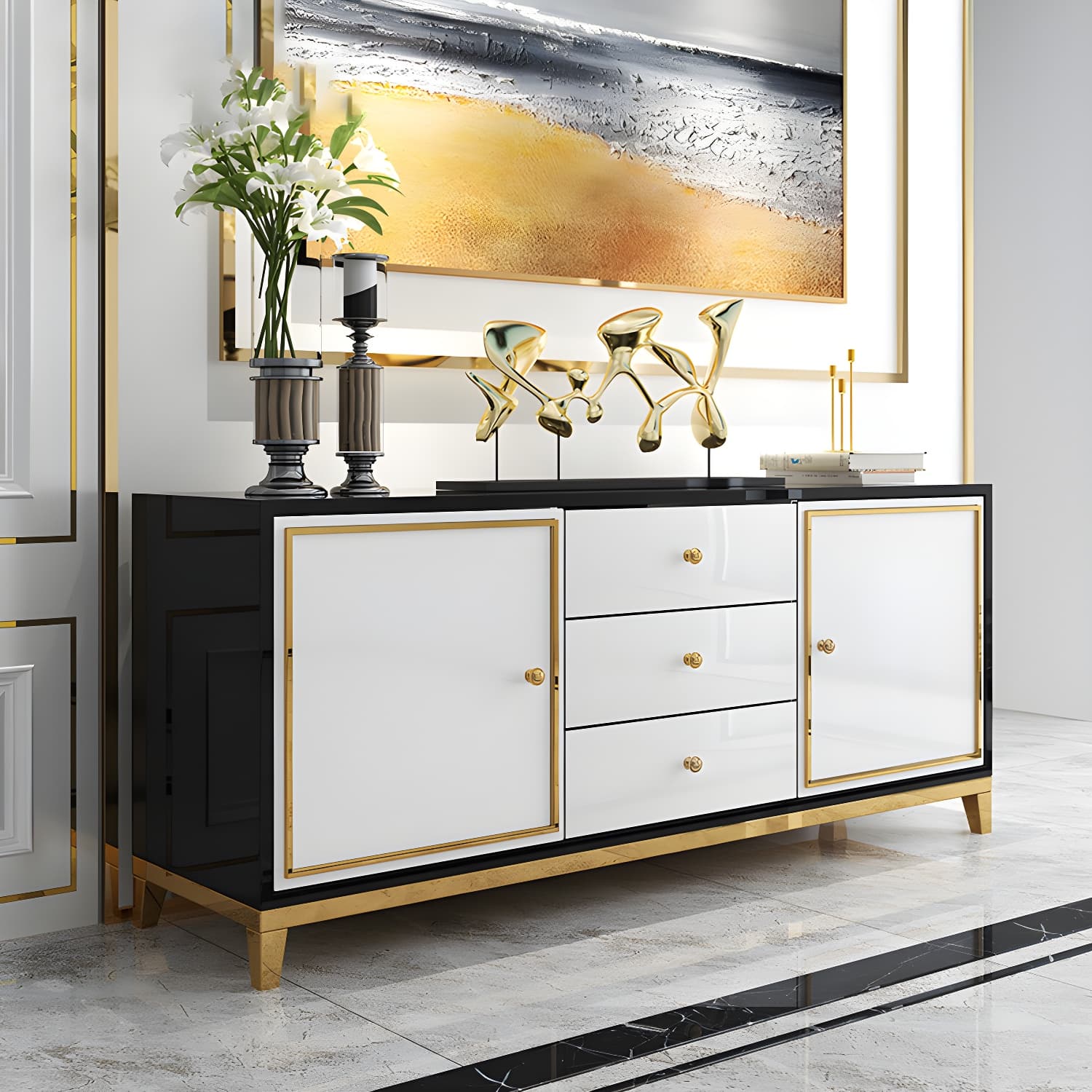 Enclosed Storage Media Console Glass TV Stand Console with Drawers - image 4