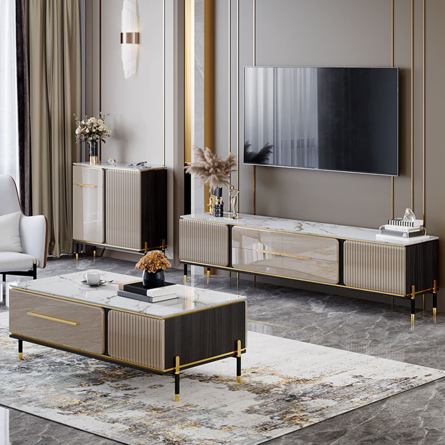 Stone Buffet Sideboard Glam Adjustable Shelves Buffet Credenza with Drawers and Cabinets - image 9