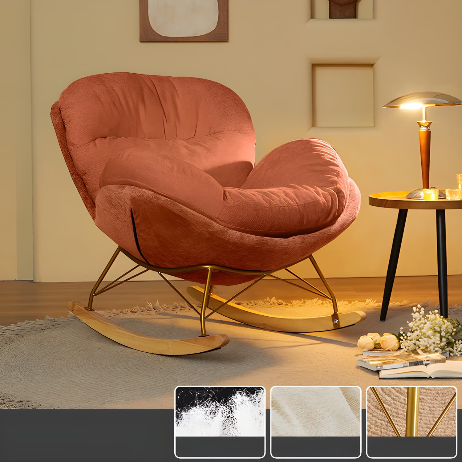 Scandinavia Rocking Accent Chair with Removable Cushions in Solid Wood