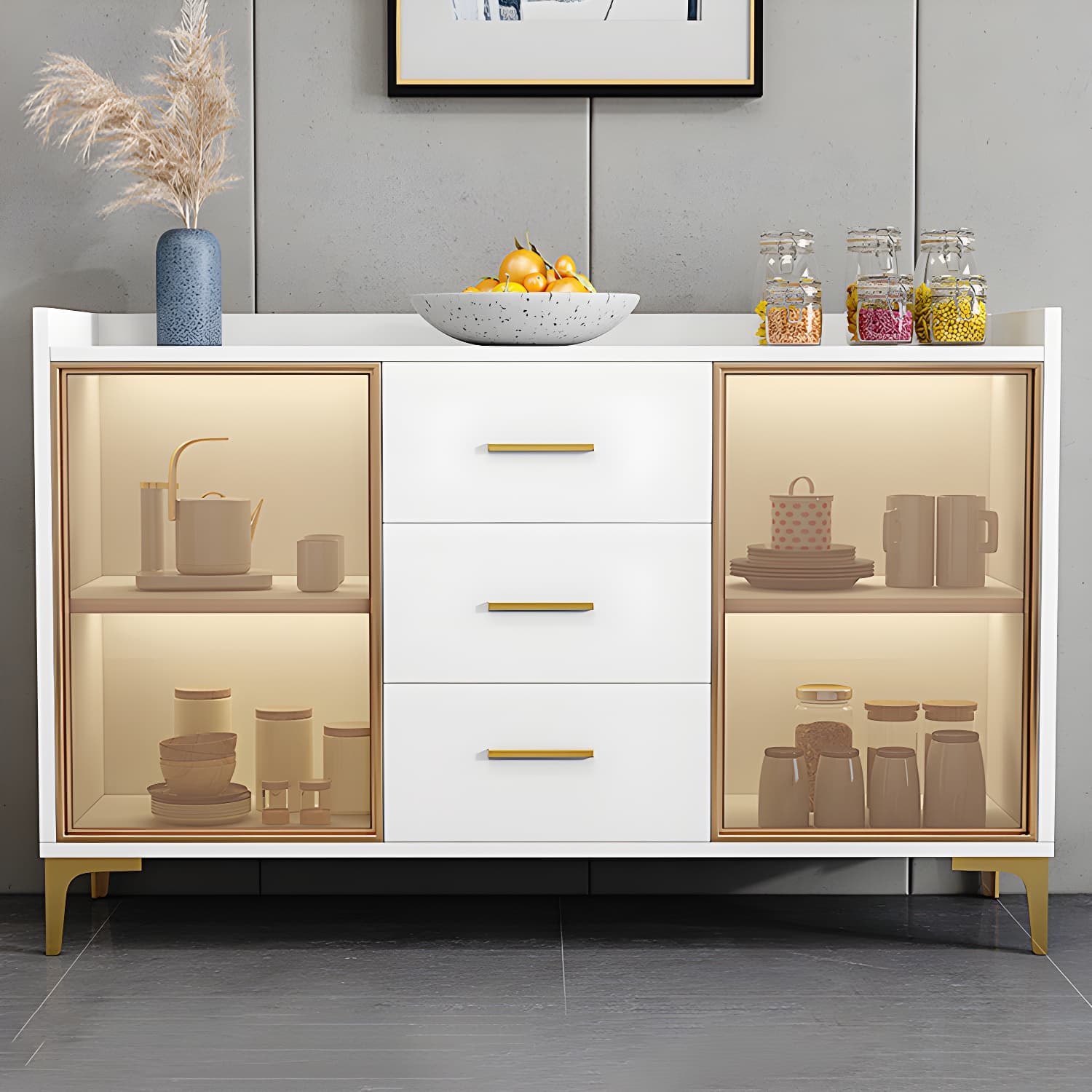 Wood Buffet Table Glam Style Side Board with Cabinets and Drawers - image 5