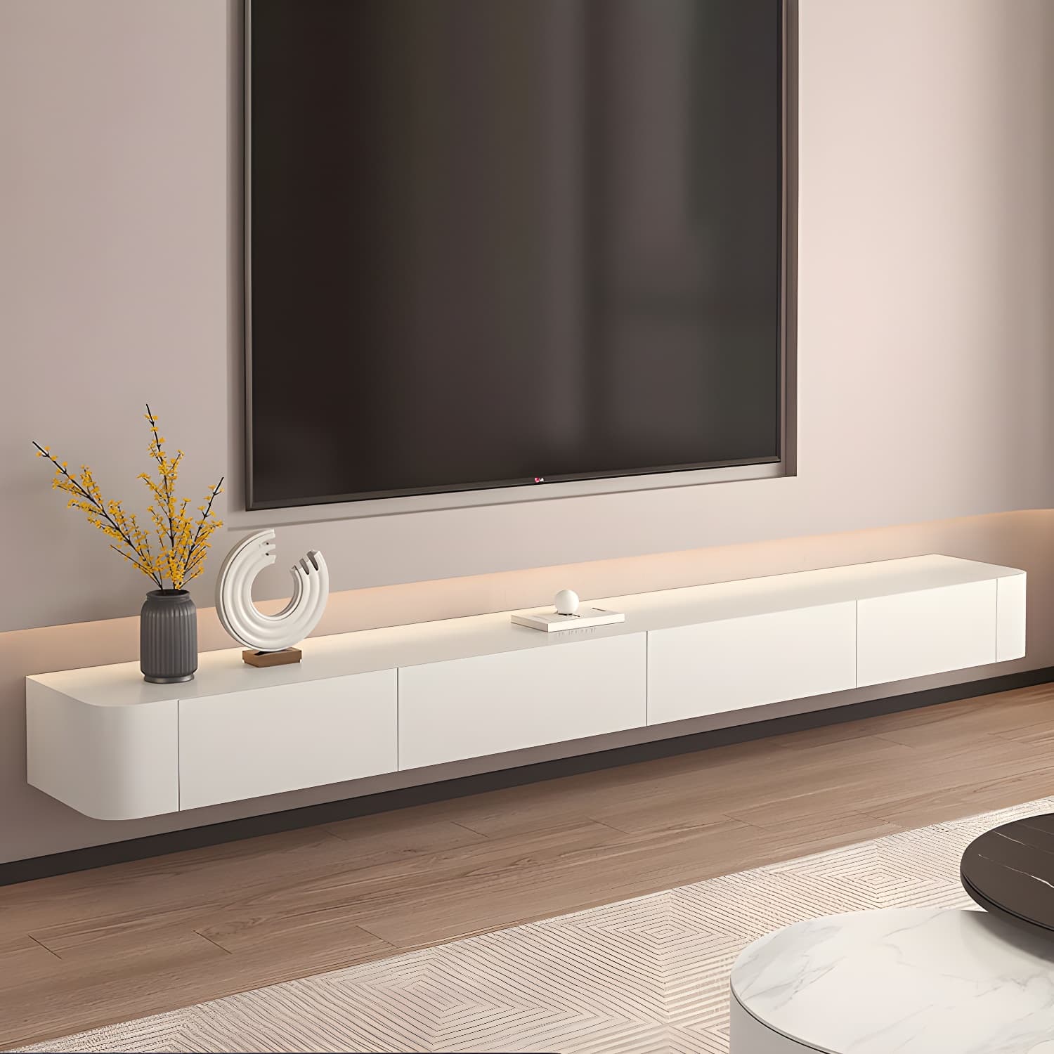 Scandinavian Solid Wood Frame Wall-mounted TV Media Stand with Drawers and Door