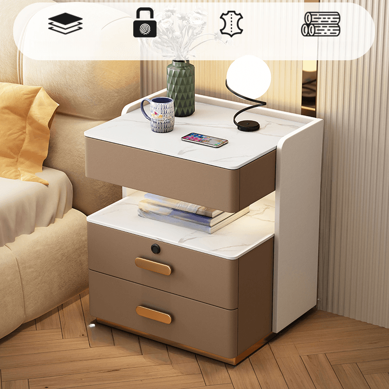 Modern Simple Style Nightstand With Drawer Storage, Stone Countertop, and Integrated Lighting