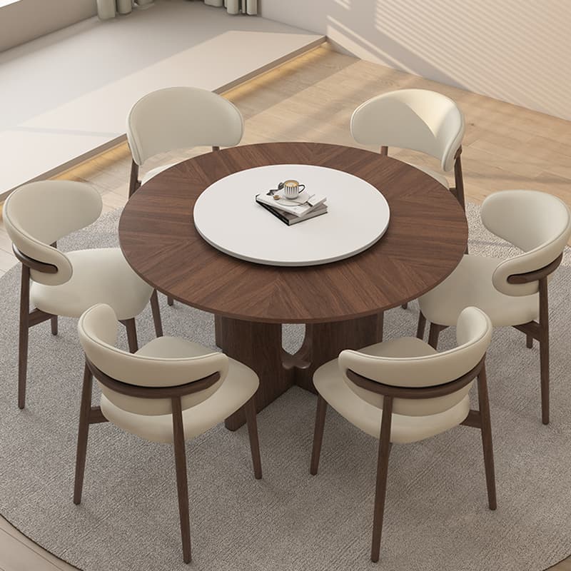 Dining Table Set with Rounded Shape, Stump Base, Fixed Table, Padded Chair with Back, 5-piece in Auburn