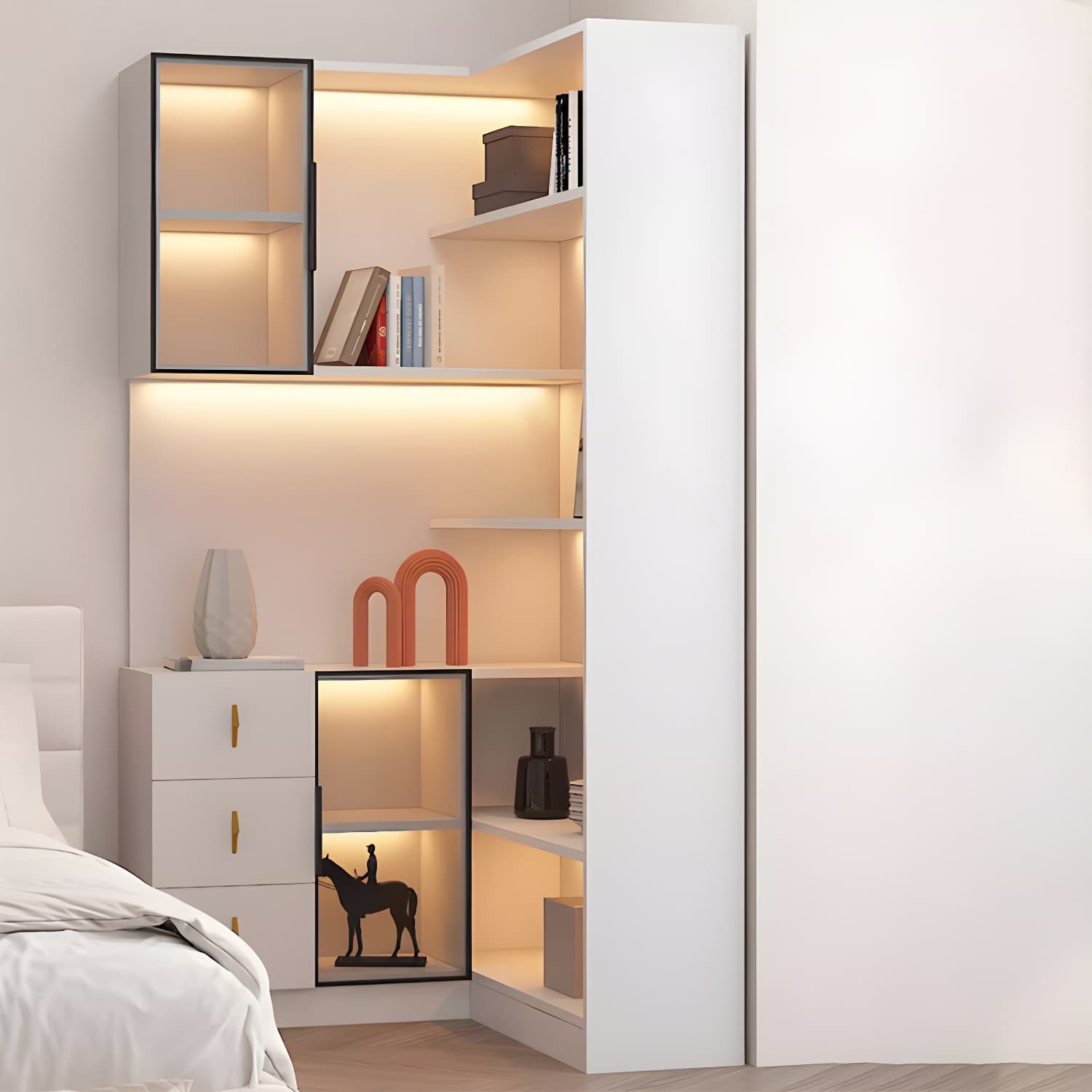 Corner Modern Accent Cabinet with Wood Counter Top, Glass Doors, Drawers, and Adjustable Shelves - image 11