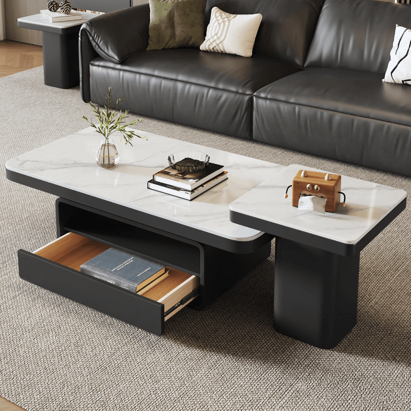 Trendy Board Game Coffee Table with Nested/Single Stone Top, Pedestal Base, Black/White Rectangular Shape, and 1 Drawer - image 5