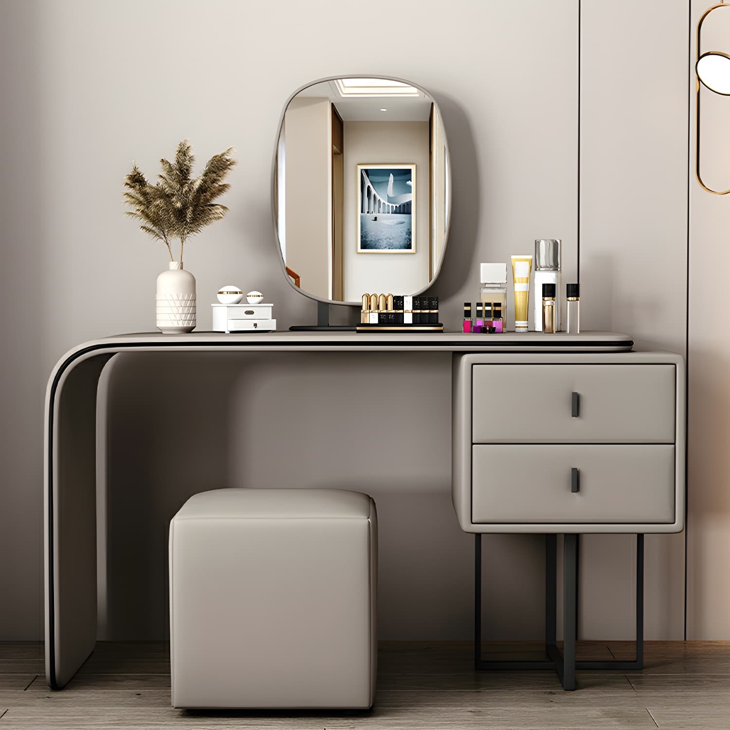 Modern Wood Vanity with Faux Leather Table Top & 2 Soft Close Drawers - image 8