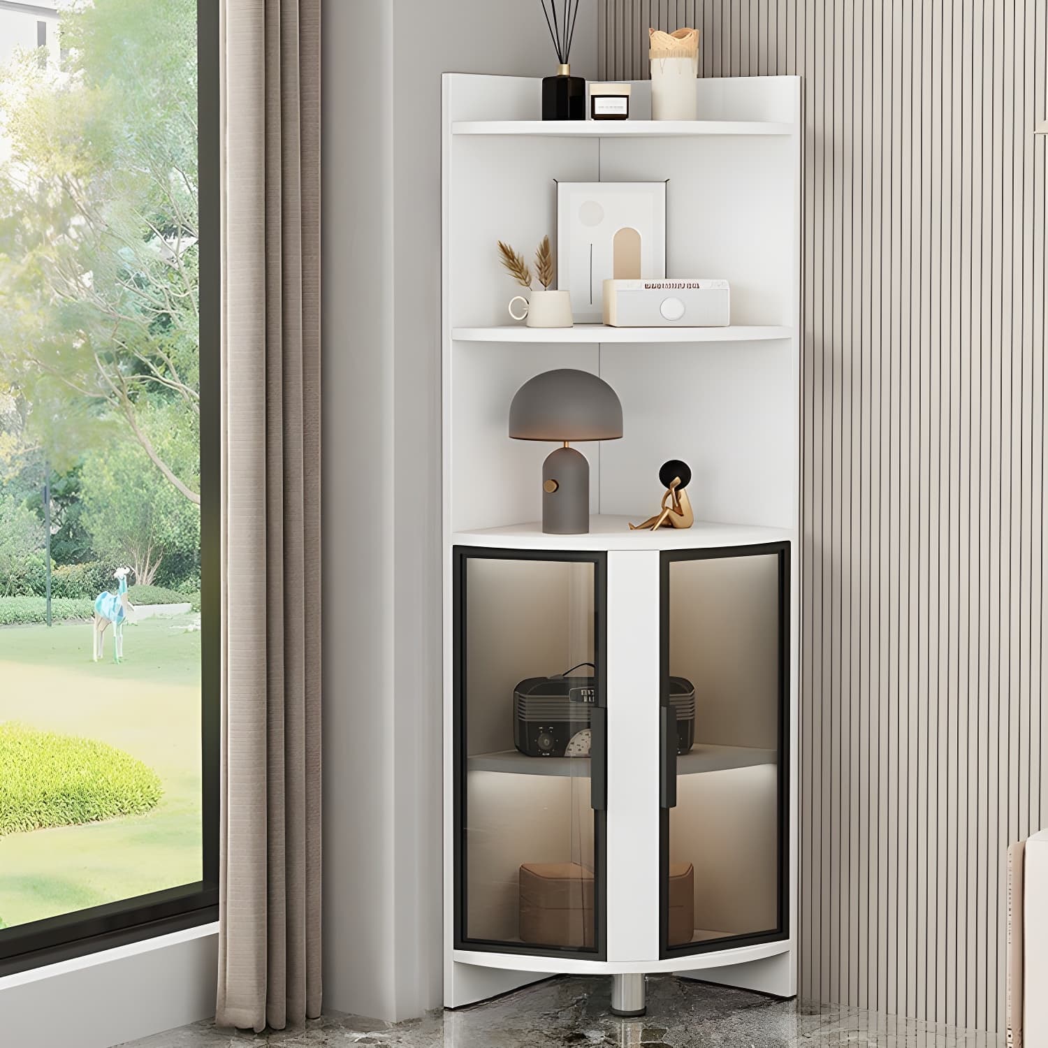 Modern Corner Accent Cabinet with Glass Doors and 2 Interior Shelves - image 14