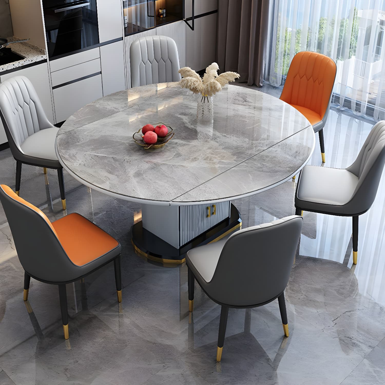 Slate Round Dining Table Set with Extending Leaf - Modern Wood Kitchen & Dining Room Furniture - image 3