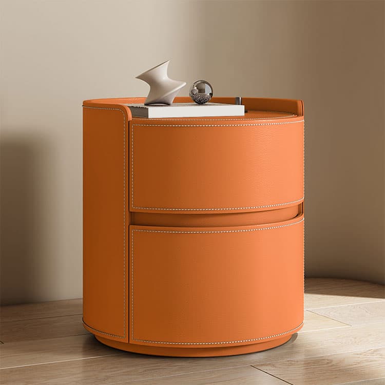 Chic Modern Round Nightstand with Light Wood Tone Faux Leather and Numerate Two Drawer Storage - image 7