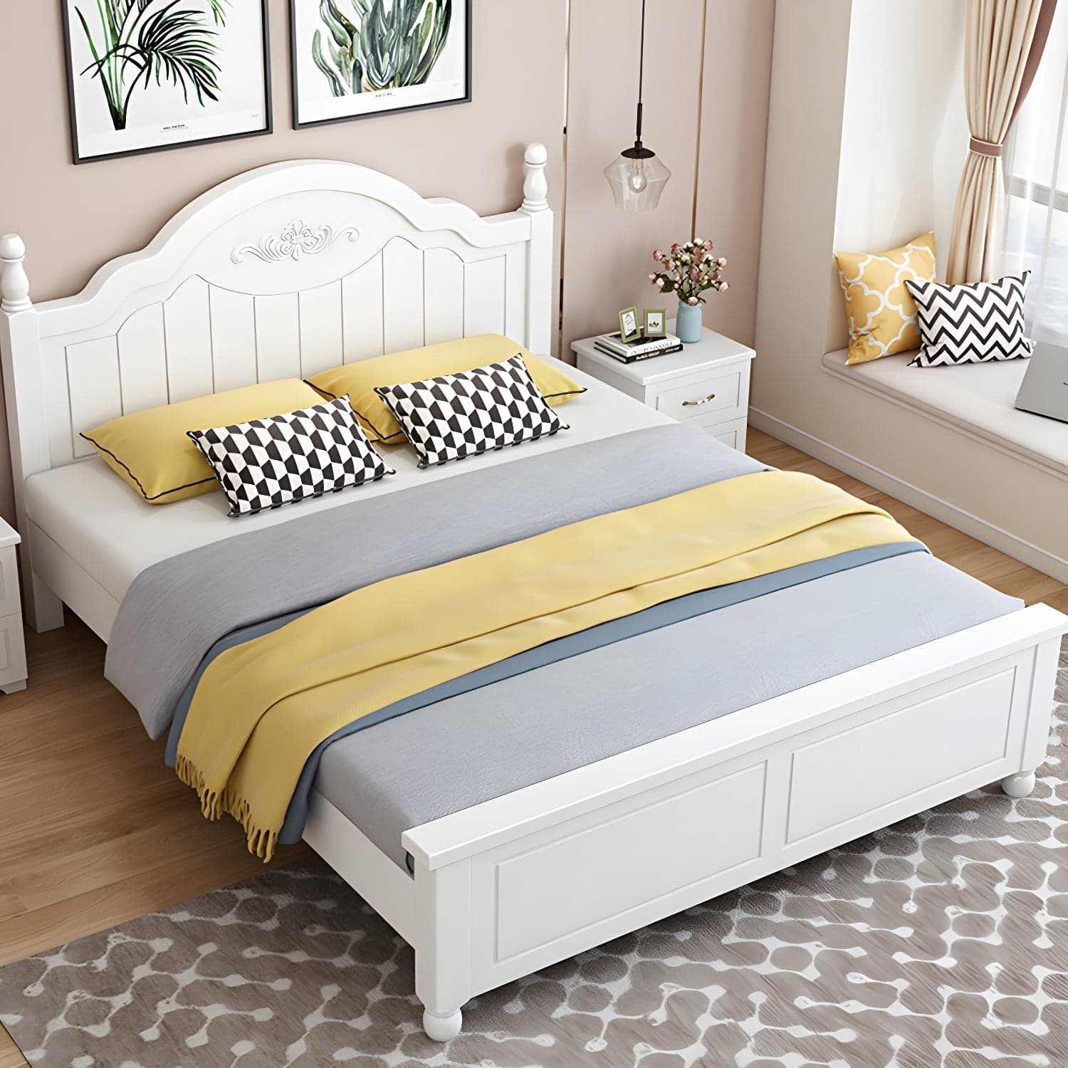 Modern Solid Color Wooden Freestanding Bed Frame with Headboard
