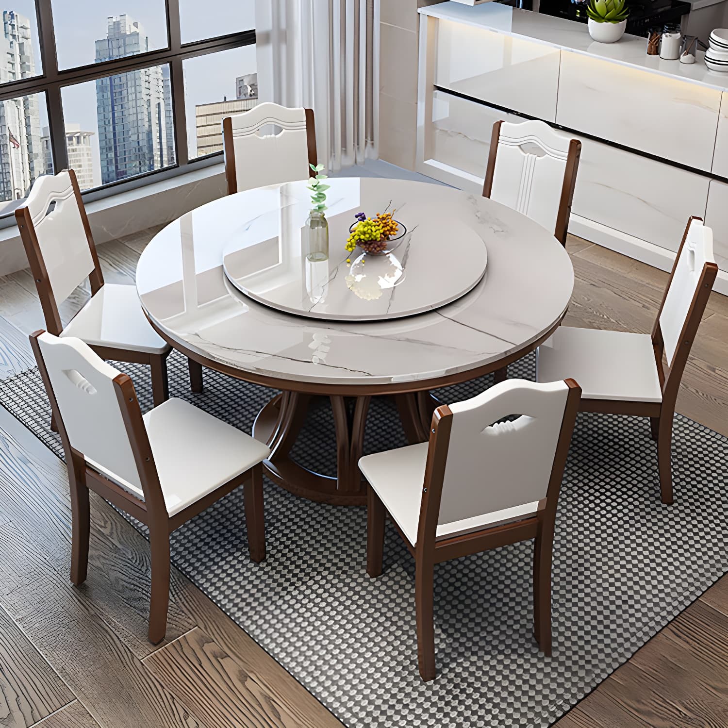Modern Stone Round Folding Table Solid Wood Pedestal Casual Dining Table