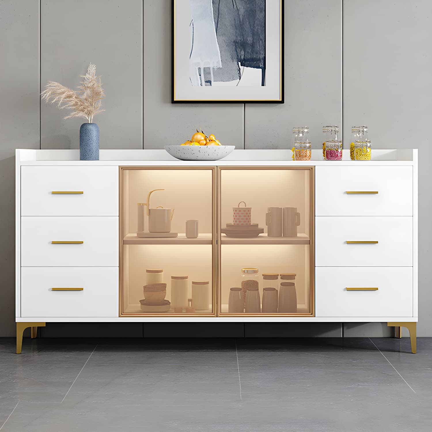 Wood Buffet Table Glam Style Side Board with Cabinets and Drawers - image 11