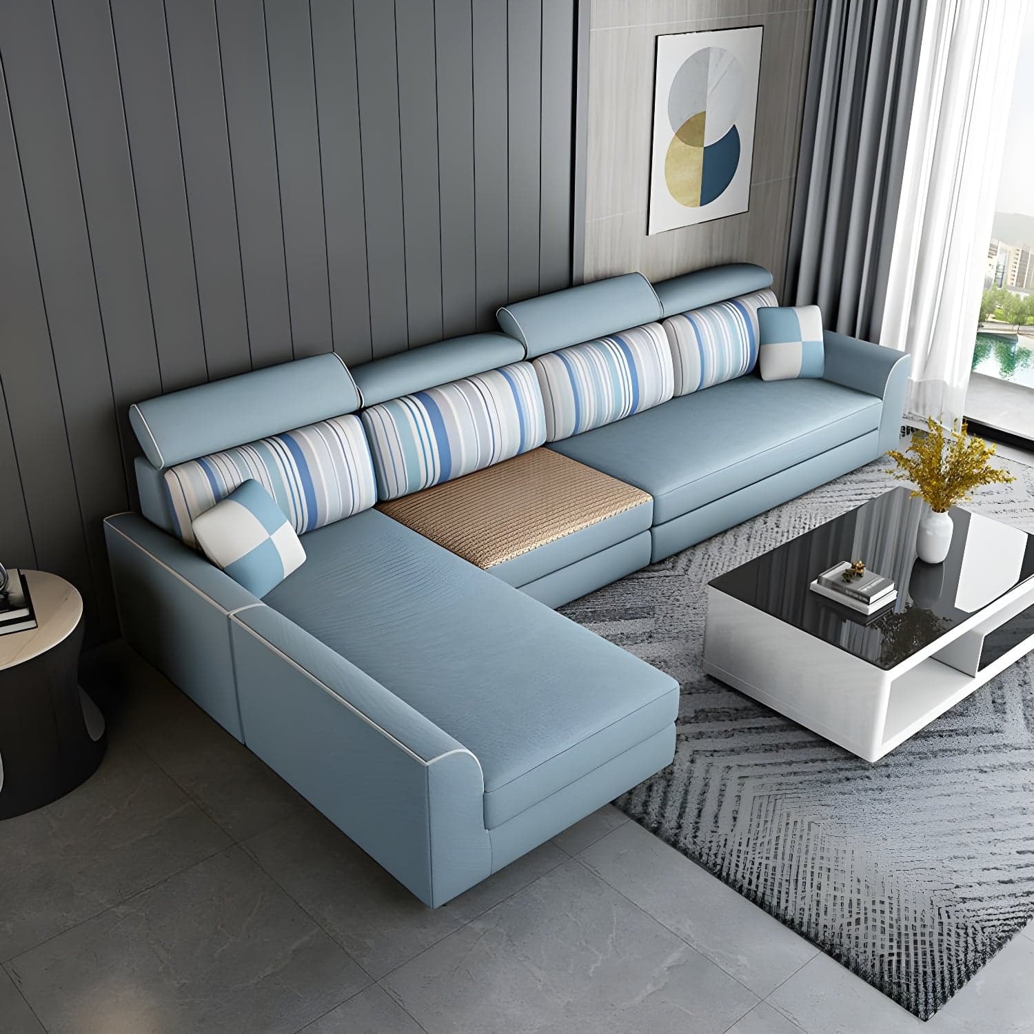 Modern L-Shape Reversible Wood Frame Sectional Sofa Chaise Set - image 3