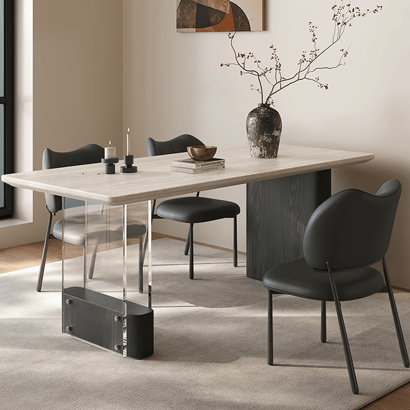 Dining Table Set with Rectangular Slate Stone Top and Two-sided Pedestal, Featuring Padded Chair with Back, 5-piece in Ivory - image 3
