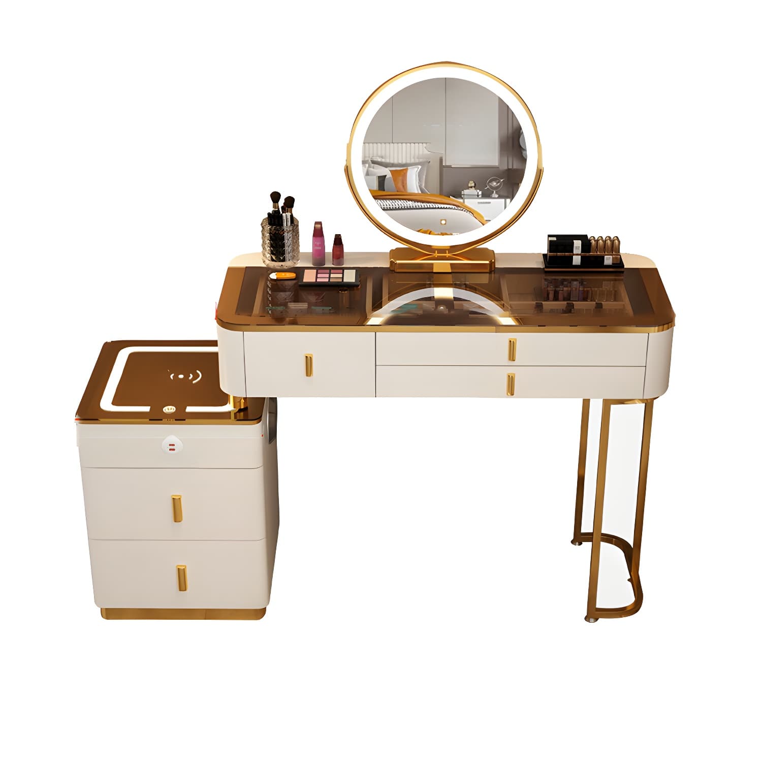 Glam Glass Top Mirrored Vanity Desk and Stool Set with 5 Drawers - image 9