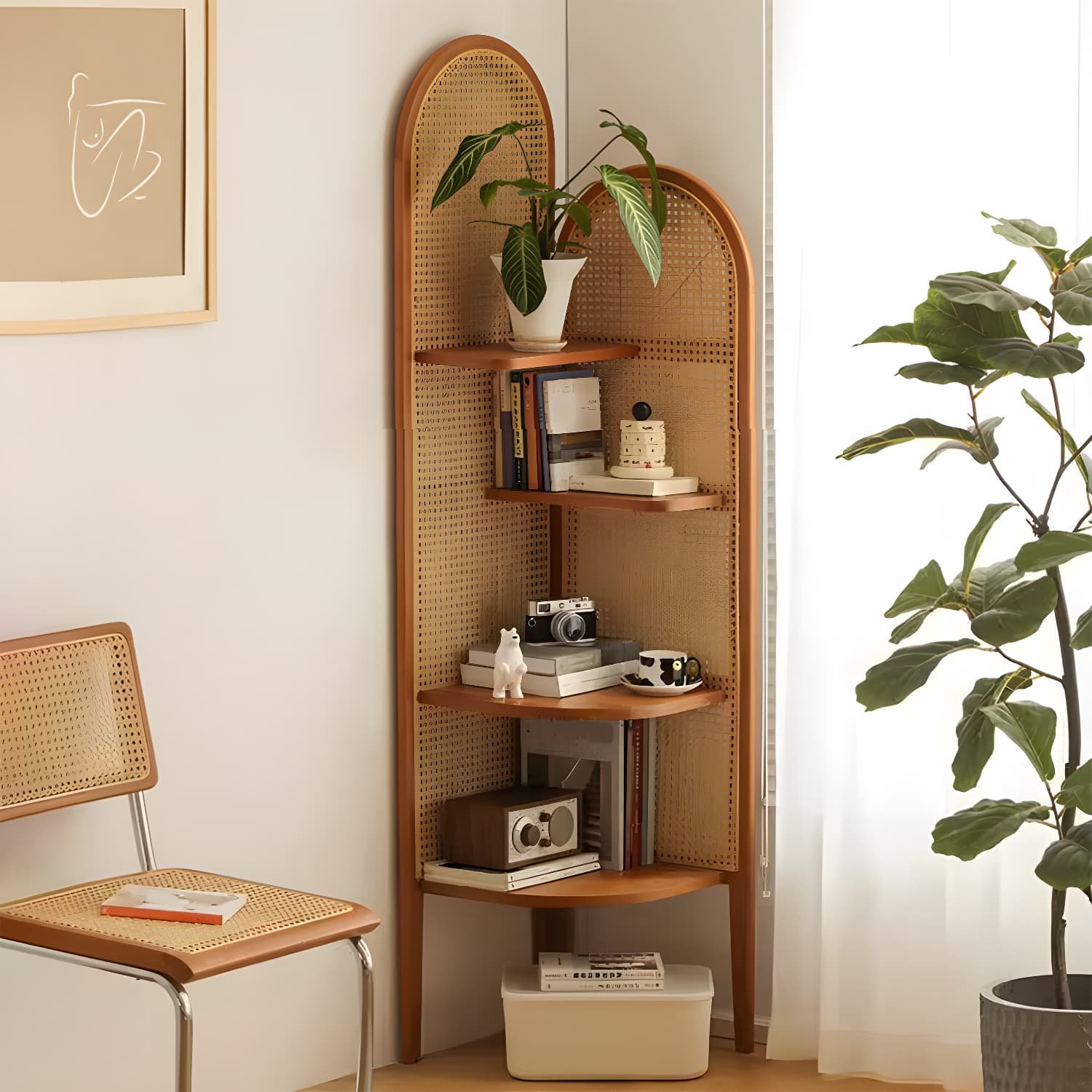 Scandinavian Corner Accent Chest with Natural Wood Counter Top and 4 Open Shelves - image 12