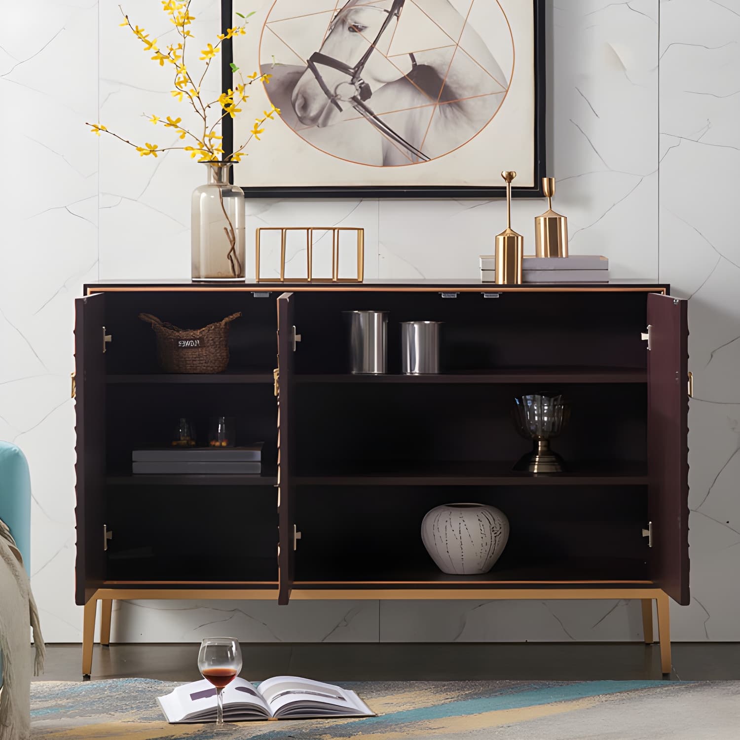 Gold Legs 35.4" High Sideboard Cabinet Glam Style Wood Buffet Table - image 6