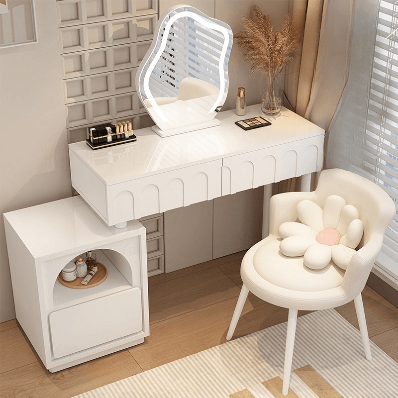 White Simplistic Large/Standard Vanity Set with Reclaimed Wood Table Top and Mirror Lights
